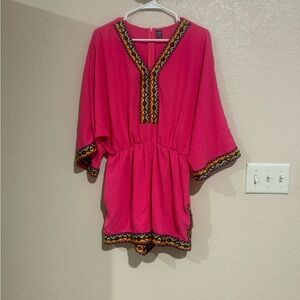Pink Boho Romper Tribal Trim V Neck Flowy Summer Romper Size Small